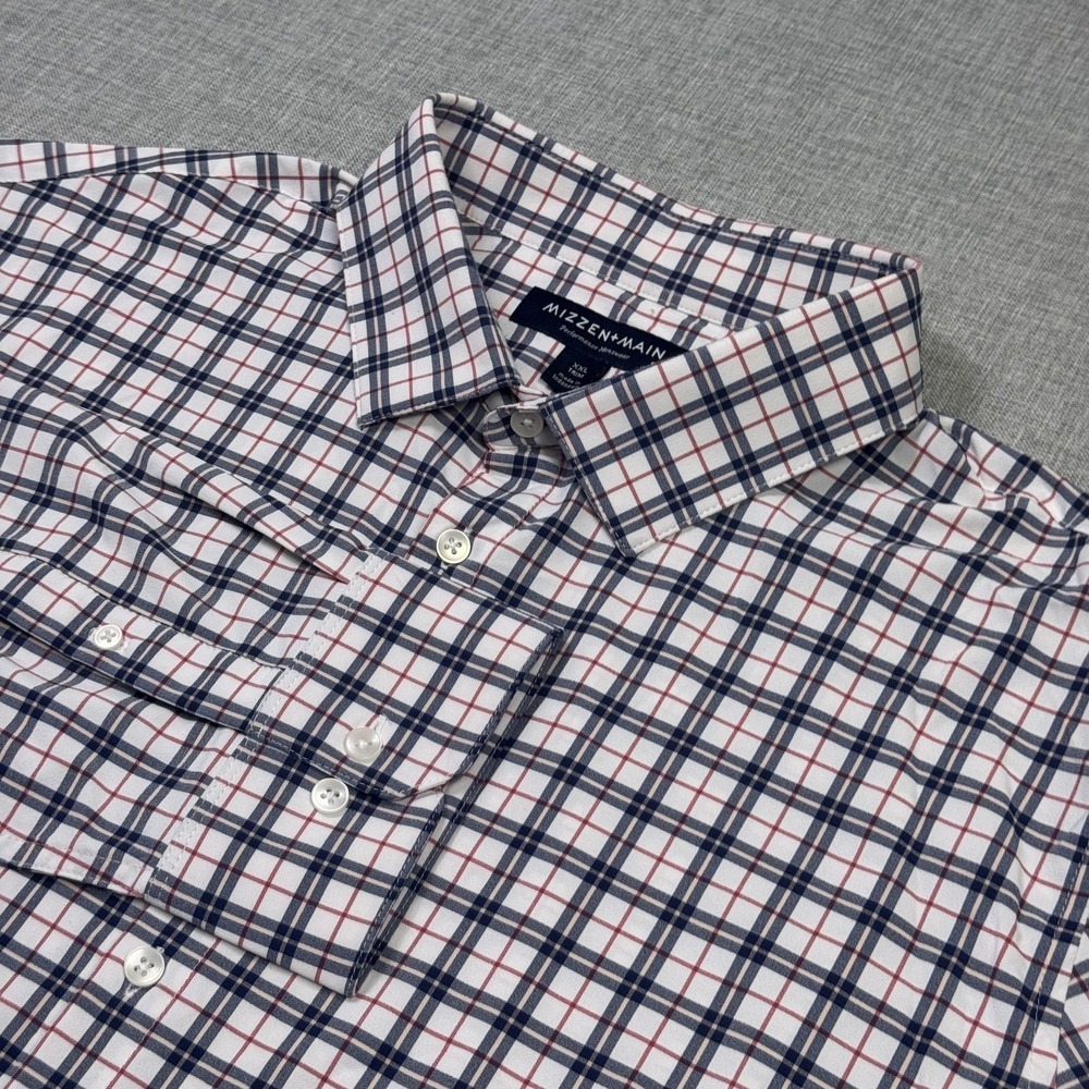 Mizzen + Main Button-Up Performance Dress Shirt Mens 2XL White Plaid Long Sleeve